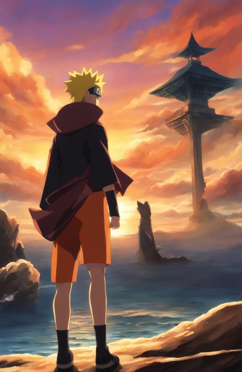 Naruto Uzumaki in Atlantis 2001 film animation style standing in front of an Atlantean version of Hidden Leaf Village with a silhouette of Kurama against a sunset sky