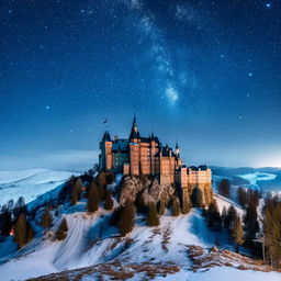 Generate an image of a majestic castle perched atop a snow capped mountain under a starry night sky