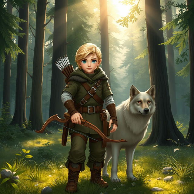 A halfling ranger with short blonde hair and striking green eyes, standing confidently beside a loyal wolf companion in a peaceful forest clearing