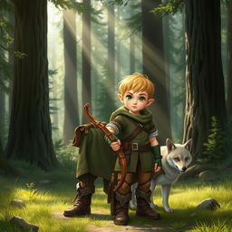 A halfling ranger with short blonde hair and striking green eyes, standing confidently beside a loyal wolf companion in a peaceful forest clearing