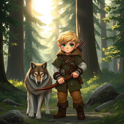 A halfling ranger with short blonde hair and striking green eyes, standing confidently beside a loyal wolf companion in a peaceful forest clearing