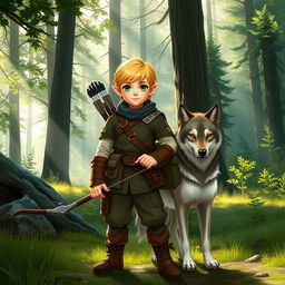 A halfling ranger with short blonde hair and striking green eyes, standing confidently beside a loyal wolf companion in a peaceful forest clearing