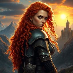 A fierce warrior woman in an epic fantasy world, featuring long, curly orange hair flowing down her back