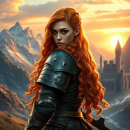 A fierce warrior woman in an epic fantasy world, featuring long, curly orange hair flowing down her back