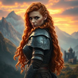 A fierce warrior woman in an epic fantasy world, featuring long, curly orange hair flowing down her back