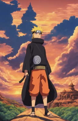 Naruto Uzumaki in Atlantis 2001 film animation style standing in front of an Atlantean version of Hidden Leaf Village with a silhouette of Kurama against a sunset sky