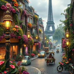 A lush, fantasy art nouveau interpretation of Paris, showcasing vibrant, magical plants and light flowers blooming throughout the city