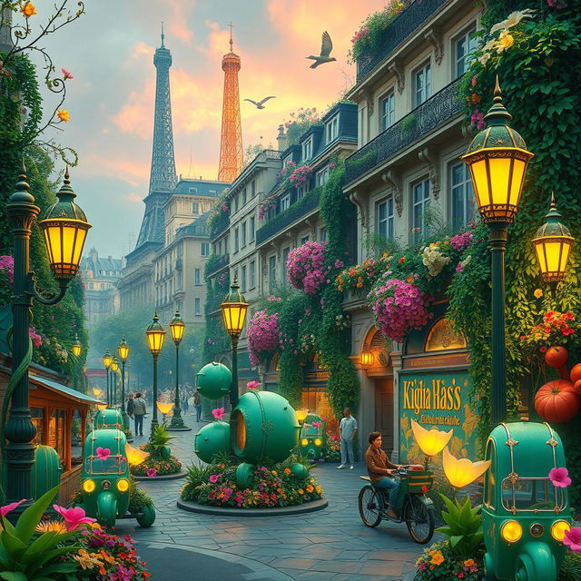 A lush, fantasy art nouveau interpretation of Paris, showcasing vibrant, magical plants and light flowers blooming throughout the city