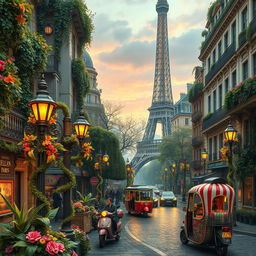 A lush, fantasy art nouveau interpretation of Paris, showcasing vibrant, magical plants and light flowers blooming throughout the city