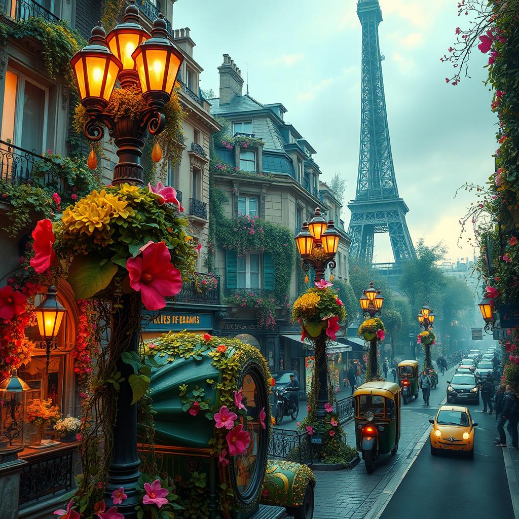 A lush, fantasy art nouveau interpretation of Paris, showcasing vibrant, magical plants and light flowers blooming throughout the city