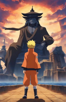 Naruto Uzumaki in Atlantis 2001 film animation style standing in front of an Atlantean version of Hidden Leaf Village with a silhouette of Kurama against a sunset sky