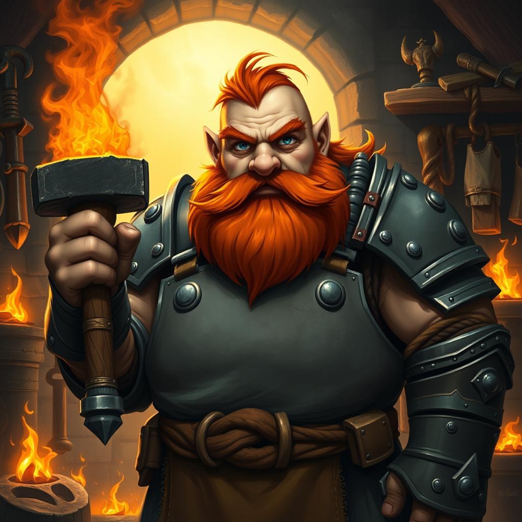 A stocky dwarf cleric with a thick red beard and piercing gray eyes, dressed in heavy armor complemented by a sturdy smith's apron