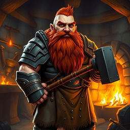 A stocky dwarf cleric with a thick red beard and piercing gray eyes, dressed in heavy armor complemented by a sturdy smith's apron