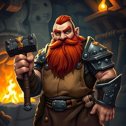 A stocky dwarf cleric with a thick red beard and piercing gray eyes, dressed in heavy armor complemented by a sturdy smith's apron