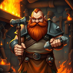 A stocky dwarf cleric with a thick red beard and piercing gray eyes, dressed in heavy armor complemented by a sturdy smith's apron