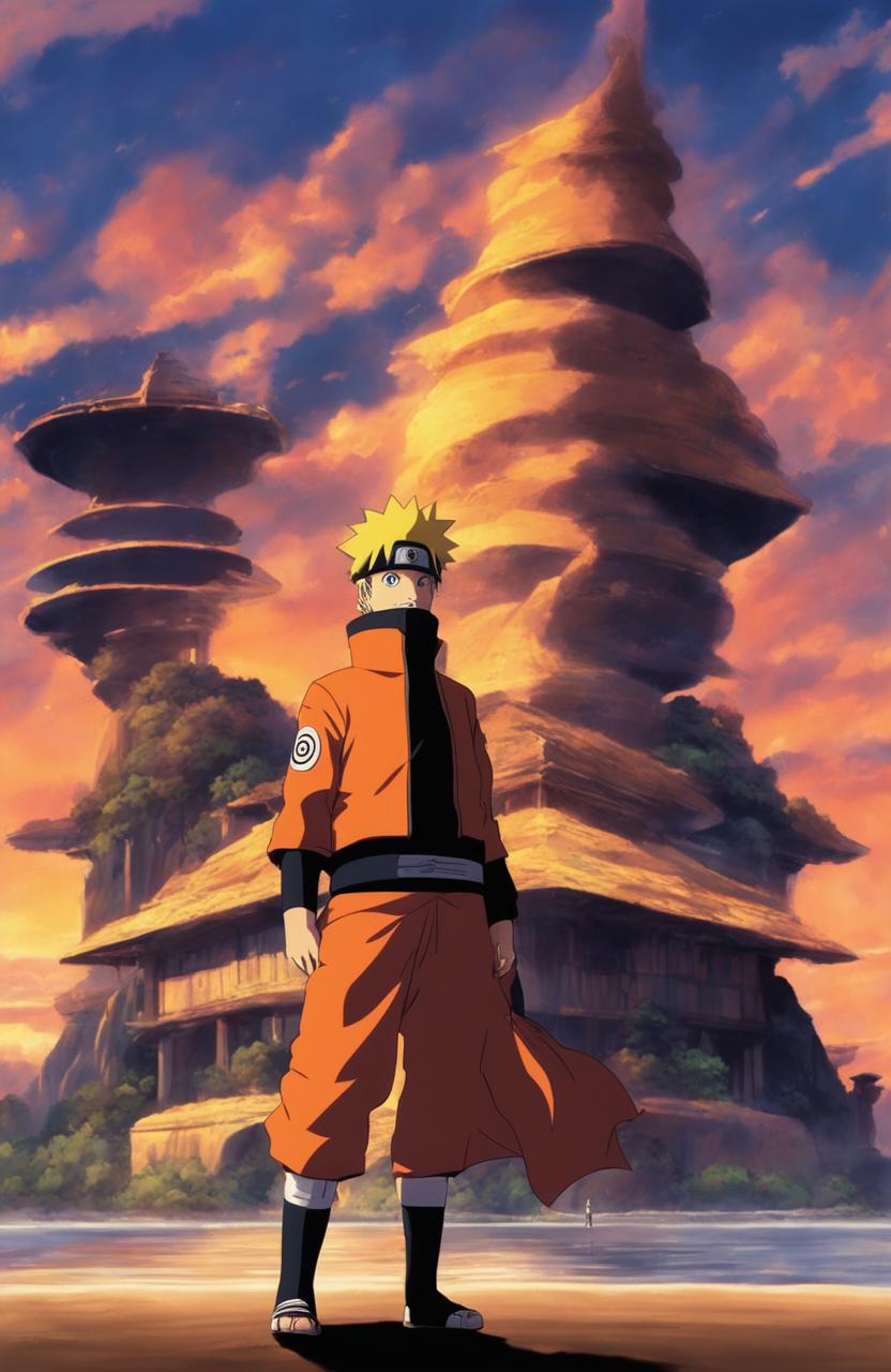 Naruto Uzumaki in Atlantis 2001 film animation style standing in front of an Atlantean version of Hidden Leaf Village with a silhouette of Kurama against a sunset sky