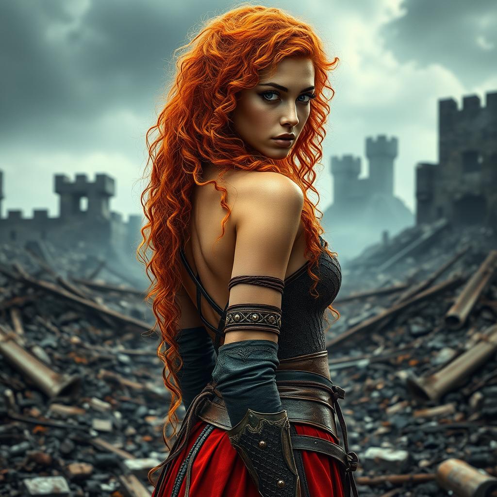 A young and sensual warrior woman in an epic fantasy world, with long, curly orange hair cascading down her back