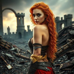 A young and sensual warrior woman in an epic fantasy world, with long, curly orange hair cascading down her back