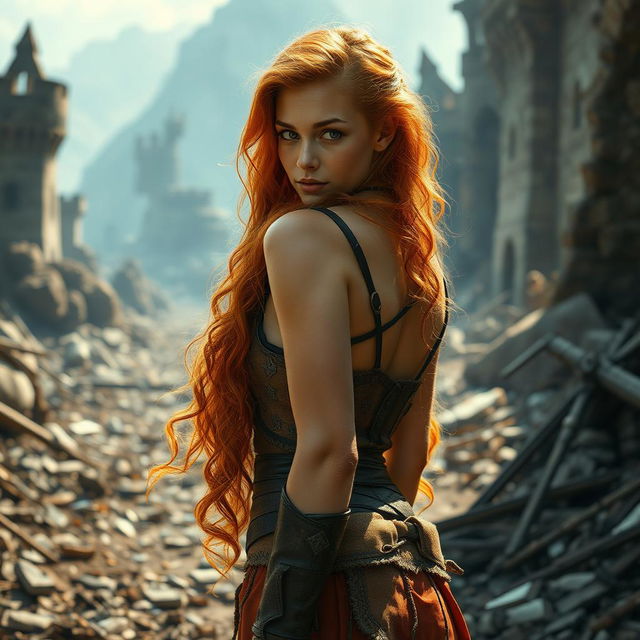 A young and sensual warrior woman in an epic fantasy world, with long, curly orange hair cascading down her back