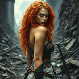 A young and sensual warrior woman in an epic fantasy world, with long, curly orange hair cascading down her back