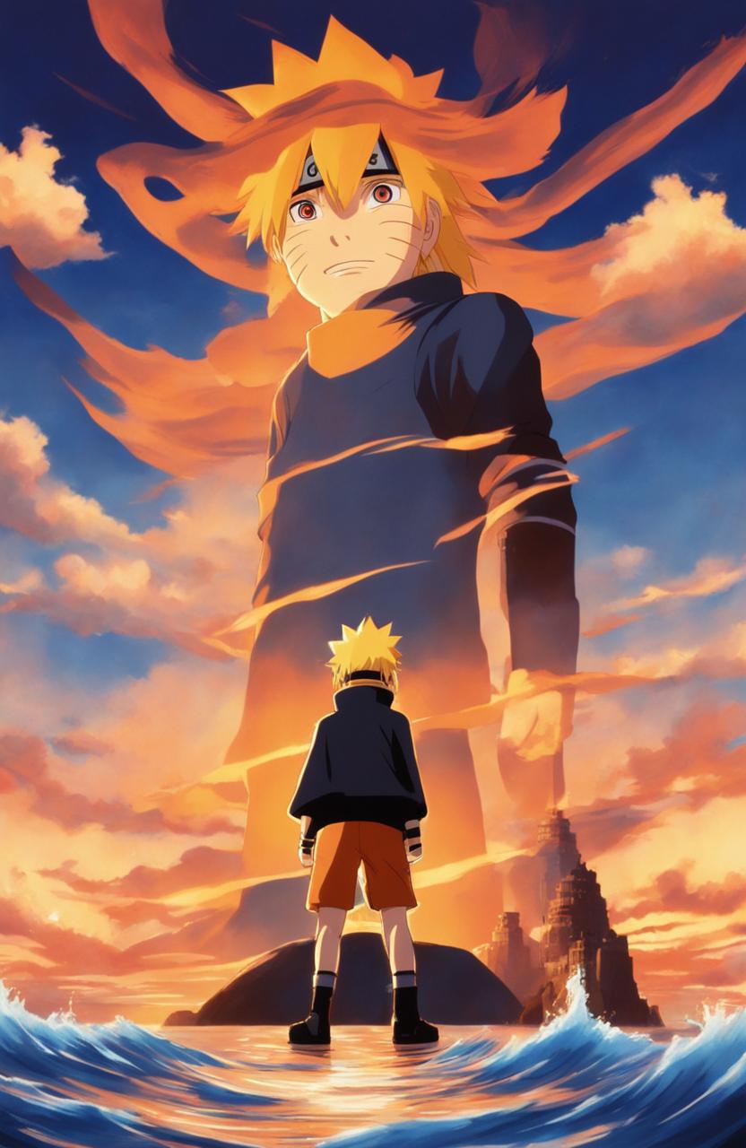 Naruto Uzumaki in Atlantis 2001 film animation style standing in front of an Atlantean version of Hidden Leaf Village with a silhouette of Kurama against a sunset sky