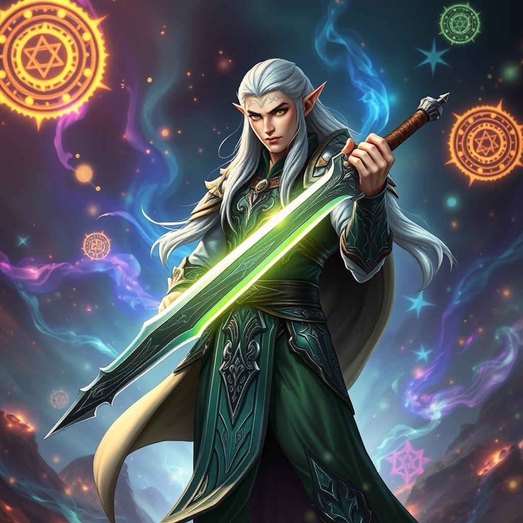 A tall high elf warrior with sleek silver hair and bright green eyes, exuding an aura of elegance and power