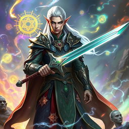 A tall high elf warrior with sleek silver hair and bright green eyes, exuding an aura of elegance and power