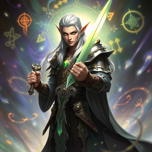 A tall high elf warrior with sleek silver hair and bright green eyes, exuding an aura of elegance and power