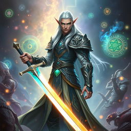 A tall high elf warrior with sleek silver hair and bright green eyes, exuding an aura of elegance and power
