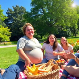 A joyful scene of a person with a big belly smiling in an outdoor park, surrounded by lush green trees and colorful flowers, wearing casual and comfortable clothing, enjoying a picnic with friends, with a basket full of fruits and sandwiches