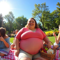 A joyful scene of a person with a big belly smiling in an outdoor park, surrounded by lush green trees and colorful flowers, wearing casual and comfortable clothing, enjoying a picnic with friends, with a basket full of fruits and sandwiches