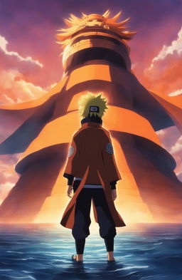 Naruto Uzumaki in Atlantis 2001 film animation style standing in front of an Atlantean version of Hidden Leaf Village with a silhouette of Kurama against a sunset sky