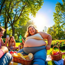 A joyful scene of a person with a big belly smiling in an outdoor park, surrounded by lush green trees and colorful flowers, wearing casual and comfortable clothing, enjoying a picnic with friends, with a basket full of fruits and sandwiches