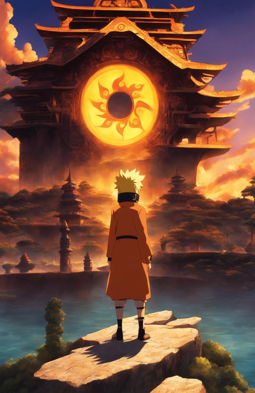 Naruto Uzumaki in Atlantis 2001 film animation style standing in front of an Atlantean version of Hidden Leaf Village with a silhouette of Kurama against a sunset sky