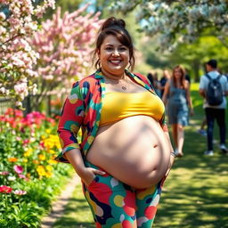 A cheerful, confident person with a big belly, wearing a colorful, stylish outfit