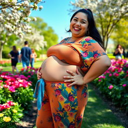A cheerful, confident person with a big belly, wearing a colorful, stylish outfit