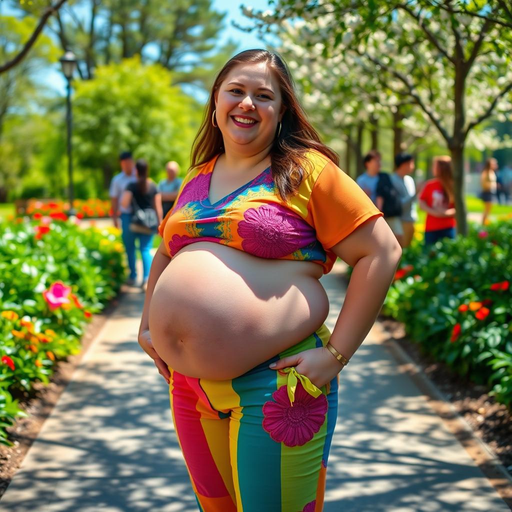 A cheerful, confident person with a big belly, wearing a colorful, stylish outfit