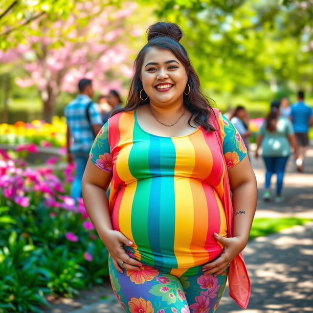 A cheerful, confident person with a big belly, wearing a colorful, stylish outfit