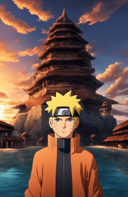 Naruto Uzumaki in Atlantis 2001 film animation style standing in front of an Atlantean version of Hidden Leaf Village with a silhouette of Kurama against a sunset sky