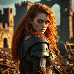 A young and pretty warrior woman in an epic fantasy world, featuring long, curly orange hair and determined eyes