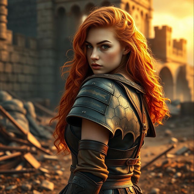 A young and pretty warrior woman in an epic fantasy world, featuring long, curly orange hair and determined eyes