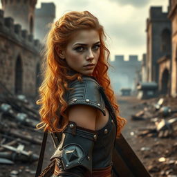 A young and pretty warrior woman in an epic fantasy world, featuring long, curly orange hair and determined eyes