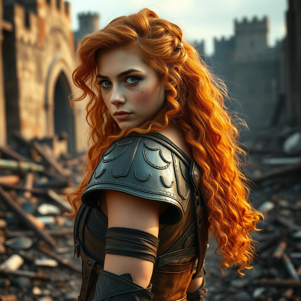 A young and pretty warrior woman in an epic fantasy world, featuring long, curly orange hair and determined eyes