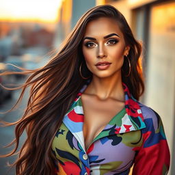 A stunning portrait of a trans woman with long flowing hair, embodying confidence and grace