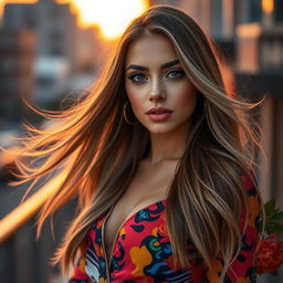 A stunning portrait of a trans woman with long flowing hair, embodying confidence and grace