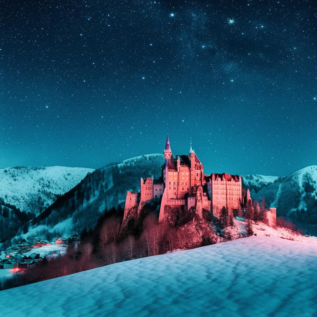 Generate an image of a majestic castle perched atop a snow capped mountain under a starry night sky