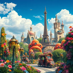 A fantasy art nouveau interpretation of Paris, featuring a vibrant and whimsical cityscape filled with colorful and magical plants
