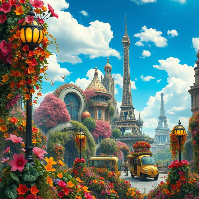 A fantasy art nouveau interpretation of Paris, featuring a vibrant and whimsical cityscape filled with colorful and magical plants