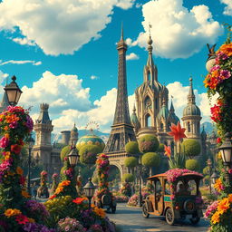 A fantasy art nouveau interpretation of Paris, featuring a vibrant and whimsical cityscape filled with colorful and magical plants