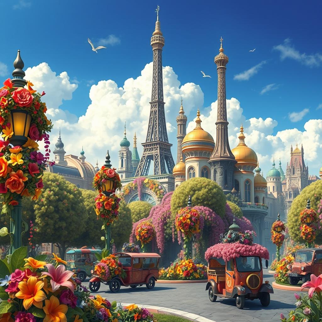 A fantasy art nouveau interpretation of Paris, featuring a vibrant and whimsical cityscape filled with colorful and magical plants